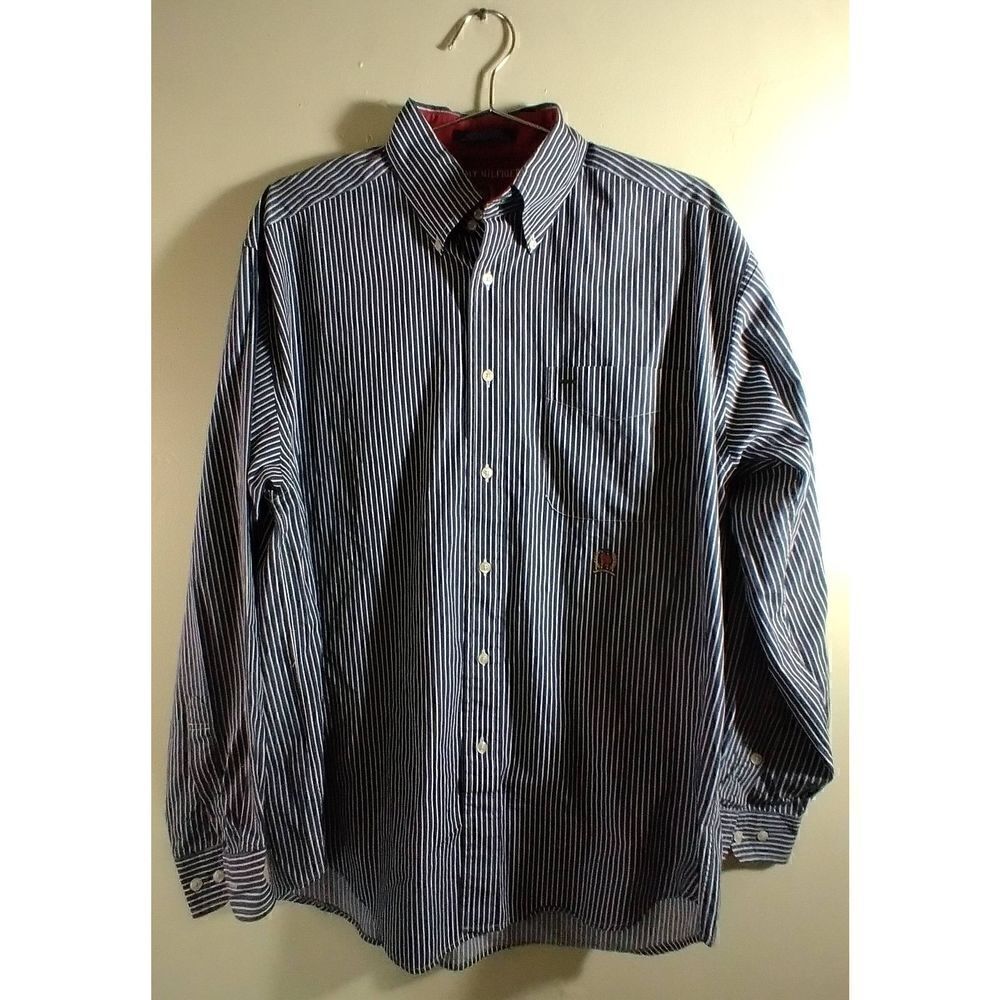 Tommy Hilfiger Size Large Striped Button Down Collared Shirt Blue And White Long